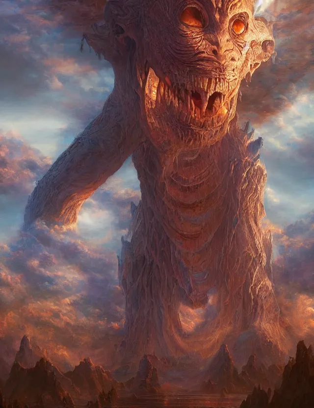 Image similar to A terrifying giant monster made of soft gel, beautiful atmosphere, god rays, masterpiece digital painting by Alex Grey, Greg Rutkowski, 4k wallpaper