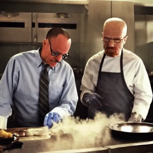 Image similar to “Very photorealistic screenshot of Joe Biden and Walter White cooking drugs in an episode of Breaking Bad, atmospheric lighting, award-winning”