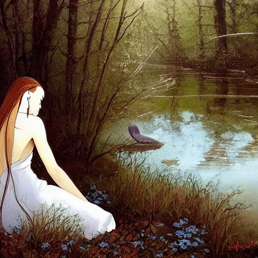 Prompt: a beautiful painting of the back view of a young lady in white dress sitting by the river in a grown forest, washing her dark long hair, sunlight reflected on the river, Moebius, Mohrbacher