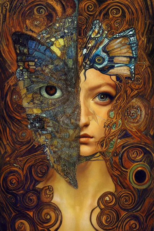 Image similar to Metamorphosis by Karol Bak, Jean Deville, Gustav Klimt, and Vincent Van Gogh, transformation portrait, chimera, visionary, cicada wings, otherworldly, fractal structures, ornate gilded medieval icon, third eye, dynamic, spirals