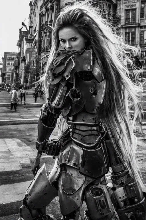 Prompt: portrait cinematography of beautiful young female, clothed in sci-fi military armor, long hair blowing in the wind. Giant mechs in the street. by Anita Sadowska