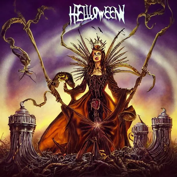 Prompt: helloween album cover featuring photo of queen elizabeth, power metal album cover, trending on artstation, intricately detailed, highly detailed, classic, award winning