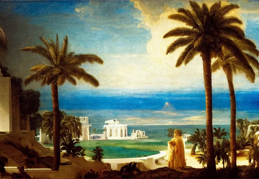 Image similar to The highest palace ever made, thunderstorm, greek pool, beach and palm trees on the background major arcana sky, by paul delaroche, hyperrealistic 4k uhd, award-winning very detailed