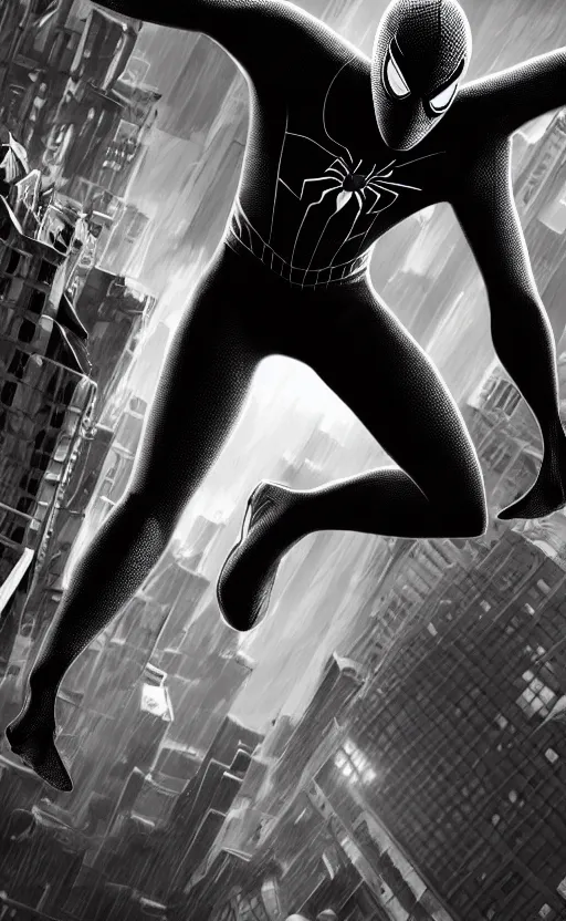 Image similar to epic spiderman noir wallpaper, dynamic lighting, photorealistic fantasy concept art, trending on art station, stunning visuals, creative, cinematic, ultra detailed