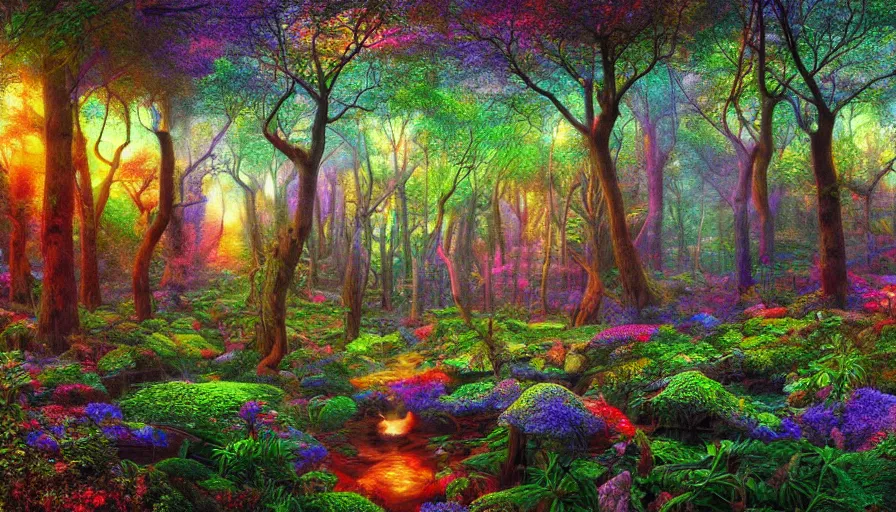 Image similar to landscape psychodelic dmt lsd forest, photorealistic, artgerm, artwork by Bierstadt, Albert