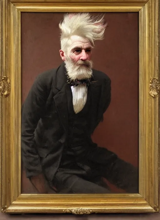 Image similar to a detailed portrait of old man with a long pink mohawk by edouard bisson, punk rock, oil painting, muted colours, soft lighting