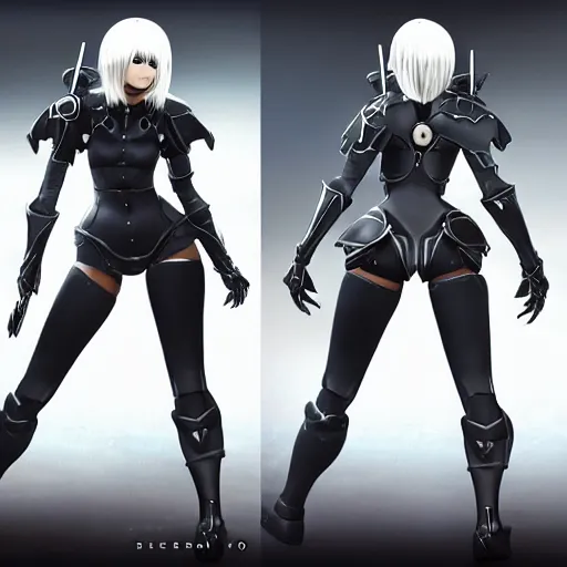 Image similar to full body shot of 2B (from Nier Automata) as a Starcraft 2 character, artstation cgsociety highly-detailed