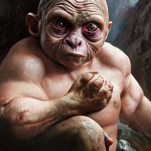 Image similar to hyperrealistic mixed media high resolution painting of Danny DeVito Gollum perched in a dark cave, stunning 3d render inspired art by Jamie Salmon and István Sándorfi and Unreal Engine and Greg Rutkowski, perfect facial symmetry, dim volumetric lighting, 8k octane beautifully detailed render, full body shot, post-processing, extremely hyper-detailed, intricate, epic composition, highly detailed attributes, highly detailed atmosphere, cinematic lighting, masterpiece, trending on artstation, very very detailed, masterpiece, stunning, flawless completion, lifelike texture, perfection,