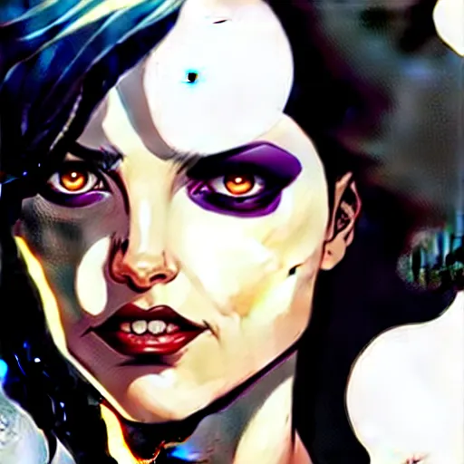 Image similar to artgerm, joshua middleton comic cover art, pretty domino character marvel comics sarah michelle gellar, place white skin, asymmetrical black spot covering left eye only, no spot right eye white around right eye