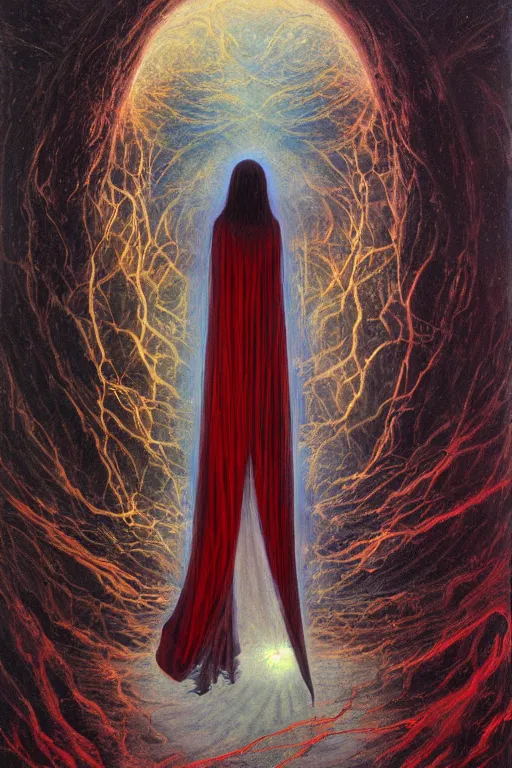 Image similar to mysterious occult woman, shrouded in black and red, hovering over the ground in front of a portal opening up into the depth of a new realm, epic surrealism 8k oil painting, high definition, post modernist layering, by Ernst Fuchs, John Howe