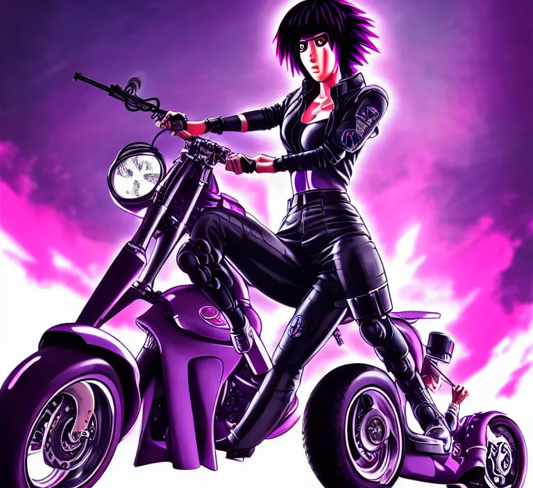 Image similar to motoko kusanagi riding a cyberpunk vehicle in a grungy cyberpunk megacity, bosozoku gang war, cyberpunk vaporwave, artgerm, sola digital arts, anti aliasing, raytracing