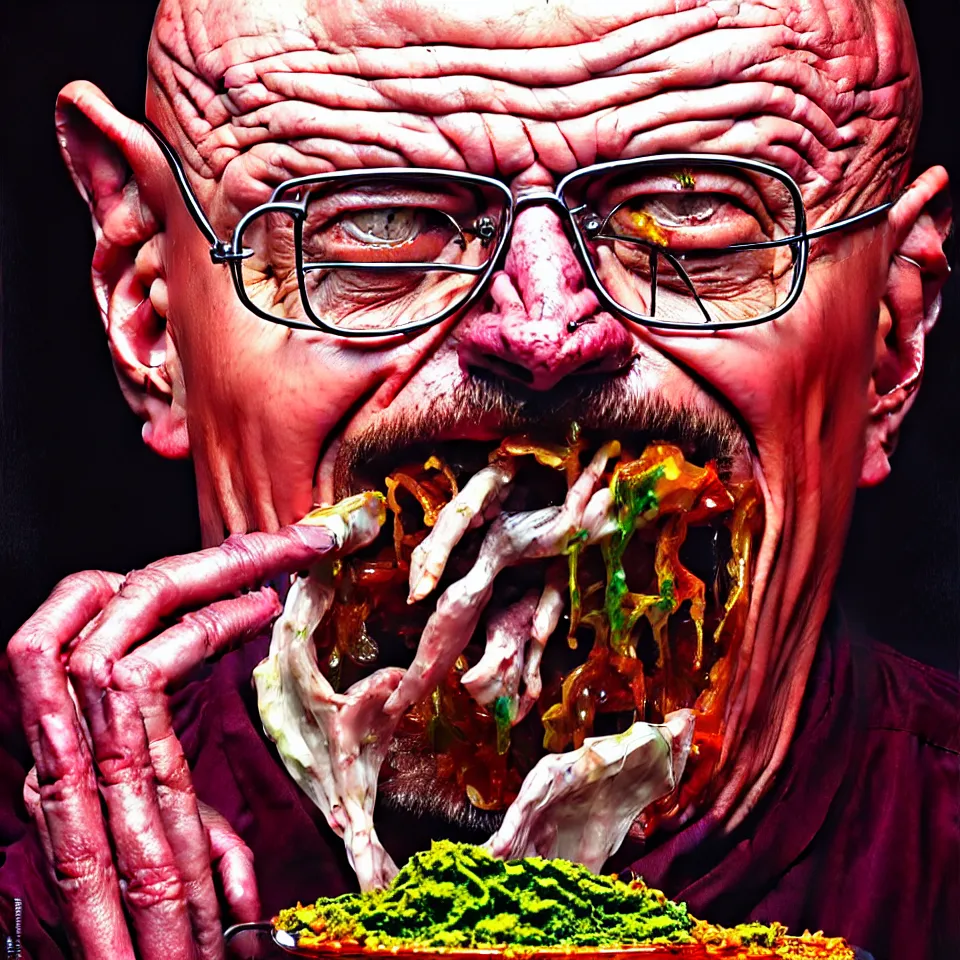 Image similar to weird and disturbing psychedelic walter white eating rotten flesh, laughing and puking blood, diffuse lighting, fantasy, intricate, elegant, highly detailed, lifelike, photorealistic, oil painting, illustration, concept art, smooth, sharp focus, art by francis bacon