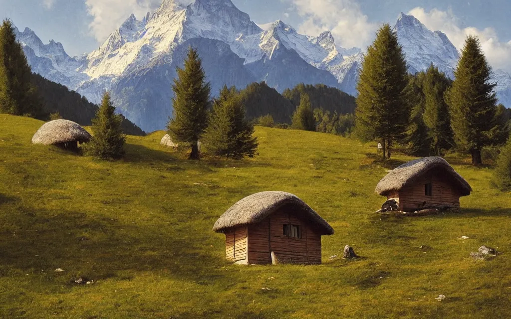 Prompt: a small hut with a pointed wooden roof, a round window, behind 3 large fir trees, in the background the swiss alps, artem demura