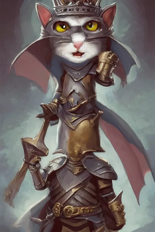 Image similar to cute little anthropomorphic cat knight wearing a cape and a crown, tiny, small, miniature cat , baby animal, short, pale blue armor, cute and adorable, pretty, beautiful, DnD character art portrait, matte fantasy painting, DeviantArt Artstation, by Jason Felix by Steve Argyle by Tyler Jacobson by Peter Mohrbacher, cinematic lighting