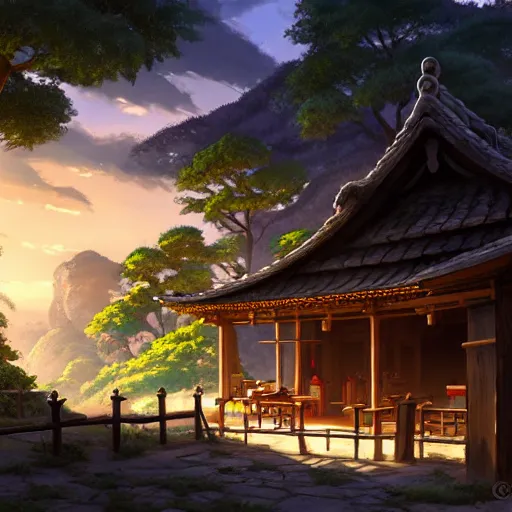 Image similar to concept art painting of a tavern with european and japanese architecture, in a small medieval village surrounded by trees, in a mountain valley, evening, sunset lightning, realistic, highly detailed, cel shaded, in the style of makoto shinkai and greg rutkowski and james gurney