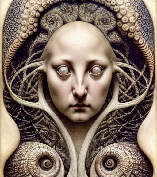 Prompt: detailed realistic beautiful nautilus goddess face portrait by jean delville, gustave dore, iris van herpen and marco mazzoni, art forms of nature by ernst haeckel, art nouveau, symbolist, visionary, gothic, neo - gothic, pre - raphaelite, fractal lace, intricate alien botanicals, biodiversity, surreality, hyperdetailed ultrasharp octane render