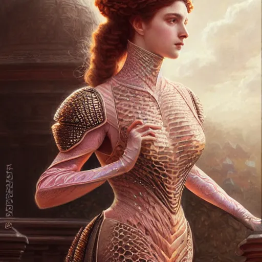 Image similar to beautiful striking Pre-Raphaelite Princess Peach wearing a suit of dragon scale armor, by Artgerm and Greg Rutkowski, pale, intricate, elegant, highly detailed, digital painting