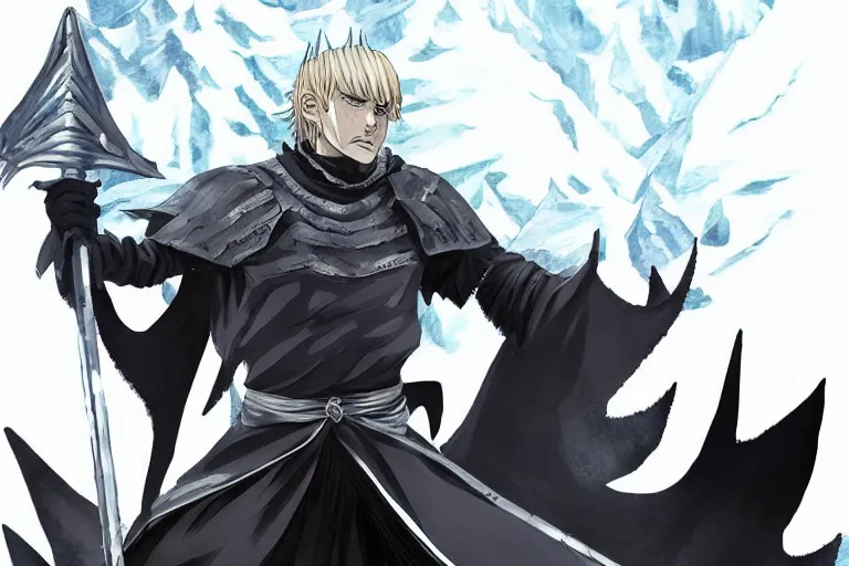 Prompt: a full body shot of Night King of Game of Thrones by Kubo Tite,Bleach manga style,small horns, detailed,ice mountains in the background,artstation,manga