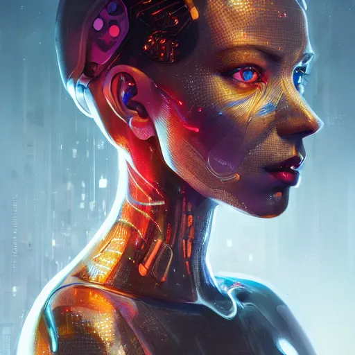 Prompt: cyborg holographic, translucent, detailed portrait, intricate complexity, by greg rutkowski, artgerm, ross tran, conrad roset, takato yomamoto, ilya kuvshinov. 4 k, beautiful, cinematic dramatic atmosphere