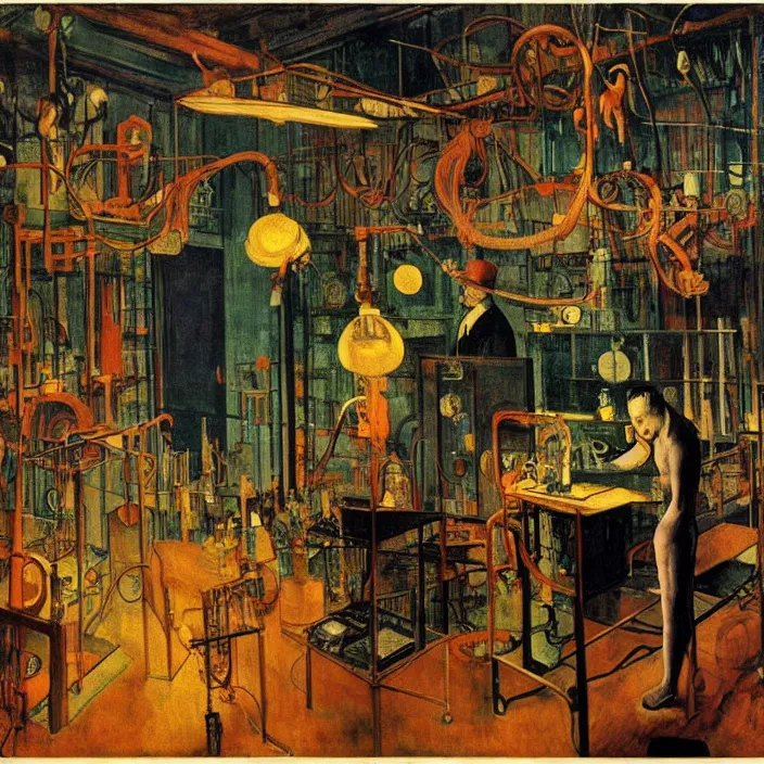 Image similar to the inventor in his laboratory with contraption, oceanian statues, cyberpunk, bioluminescent cables. lamp light. henri de toulouse - lautrec, jan van eyck, rene magritte, max ernst, walton ford, agnes pelton