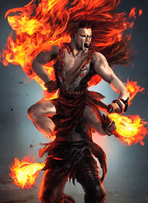 Image similar to An epic fantasy comic book style portrait painting of young man with red spiked long hair, using an orange lens googles. Wearing white shirt, a black waistcoat, brown pants and black boots. He is throwing a wild fire blast from his hands, with a vicious smile in face. Unreal 5, DAZ, hyperrealistic, octane render, cosplay, RPG portrait, dynamic lighting