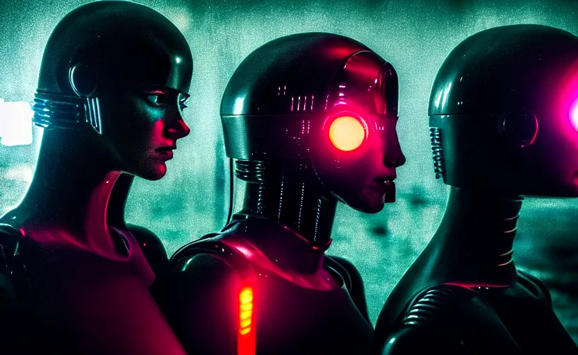 Prompt: cinestill 5 0 d candid photographic portrait by christopher nolan of two loving female androids wearing rugged black mesh techwear in treacherous waters, extreme closeup, modern cyberpunk moody emotional cinematic, pouring rain menacing red spotlight, 8 k, hd, high resolution, 3 5 mm, f / 3 2, ultra realistic faces, ex machina