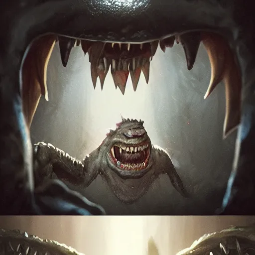 Image similar to monster with a very toothy smile, 8 k, shallow depth of field, greg rutkowski, moody lighting, ultra high detail, concept art,