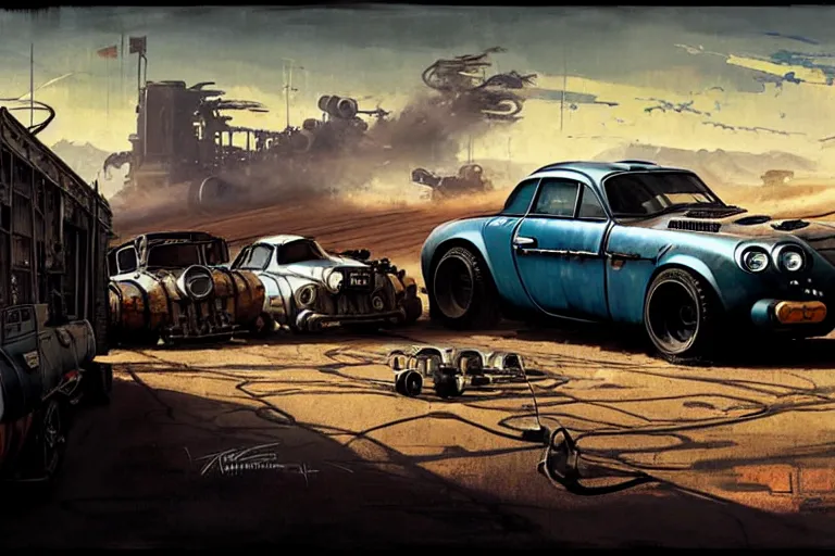 Image similar to dieselpunk mad max's alpine a 1 1 0 van, painted by greg rutkowski makoto shinkai takashi takeuchi studio ghibli, akihiko yoshida