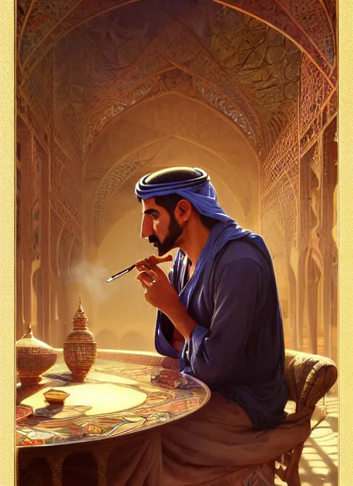 Image similar to an arabian man smoking a pipe in the market, shiny, fantasy, intricate, elegant, hyper detailed, ultra definition, photoreal, artstation, unreal engine rendered, concept art, smooth, sharp focus, illustration, art by artgerm and greg rutkowski and alphonse mucha and garis edelweiss