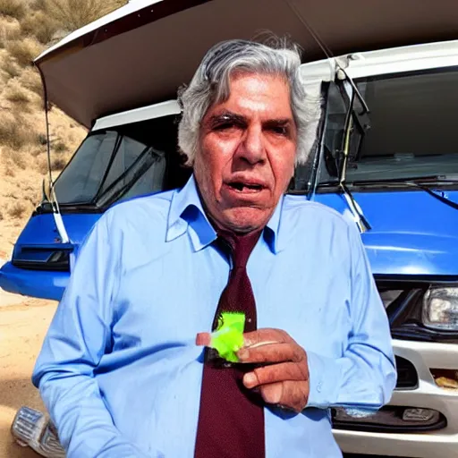 Image similar to current president of uruguay Lacalle Pou holding a ziplock bag with baby blue meth, desert background, next to an rv, by stephen bliss, gta loading screen