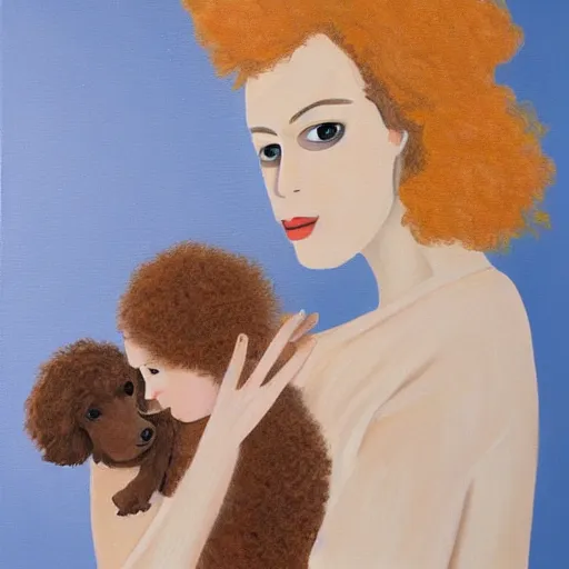 Image similar to an abstract painting of a beautiful pale woman with orange hair holding both a curly headed baby boy and also a brown poodle