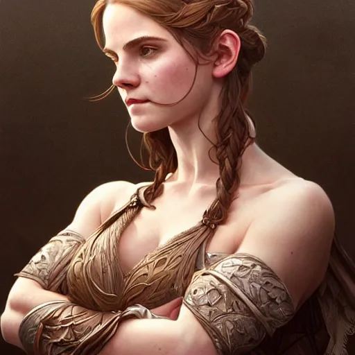 Image similar to portrait of a emma watsonj, muscular, upper body,big chest, D&D, fantasy, intricate, elegant, highly detailed, digital painting, artstation, concept art, matte, sharp focus, illustration, art by Artgerm and Greg Rutkowski and Alphonse Mucha