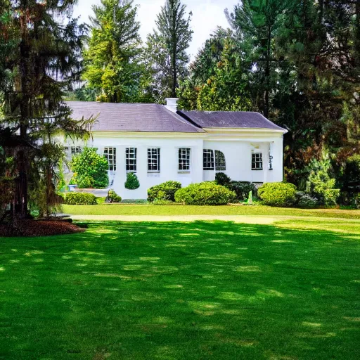 Prompt: A small white house with the long gravel driveway and lush green lawn with pine trees the backyard has lots of trees very artistic painting