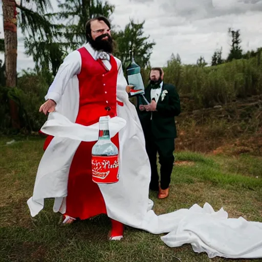 Image similar to evil bearded man in wedding dress attacking with a bottle of sriracha