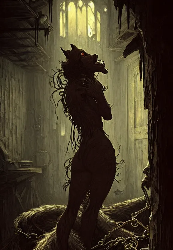 Prompt: Mostrous werewolf chained at a spooky old attic, fantasy magic, dark light night, intricate, elegant, sharp focus, illustration, highly detailed, digital painting, concept art, matte, art by WLOP and Artgerm and Greg Rutkowski and Alphonse Mucha, masterpiece