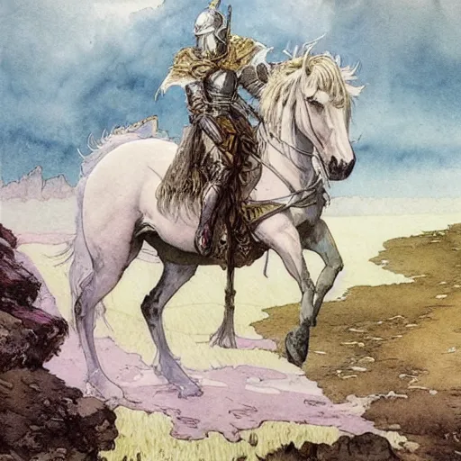 Image similar to a realistic and atmospheric watercolour fantasy concept art of a knight on a white horse, muted colors. by rebecca guay, michael kaluta, charles vess and jean moebius giraud,