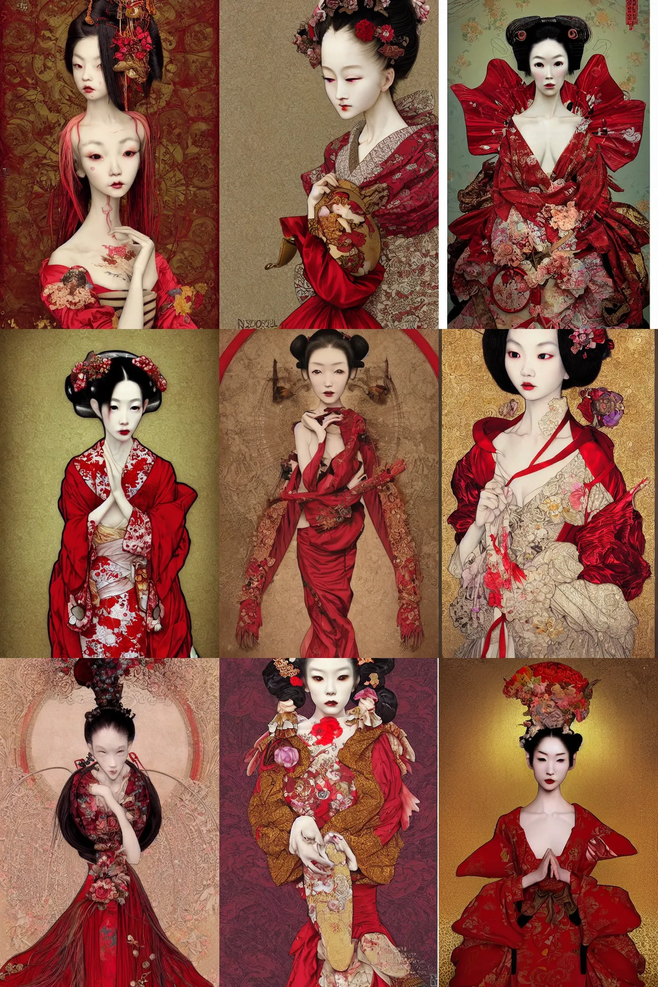 Prompt: photorealistic vogue portrait of an emaciated japanese bjd geisha queen with a long neck in a victorian lolita fashion red dress in the style of cosmic horror by nekro, alphonse mucha, dmt art, intricate detail, cgsociety, rococo, gold leaf art