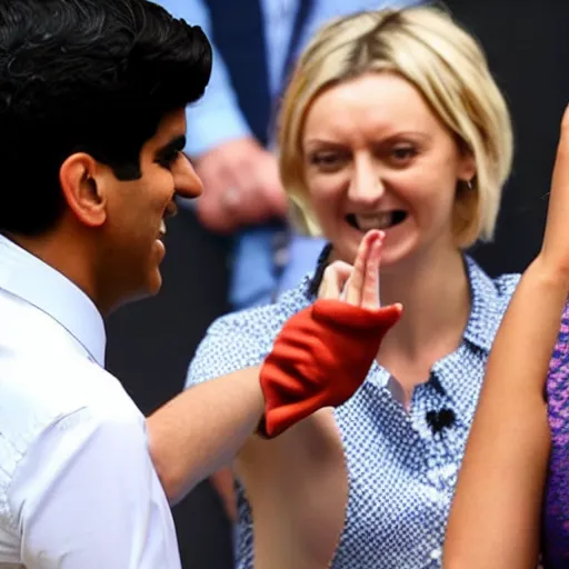 Image similar to rishi sunak and liz truss playing rock paper scissors ,