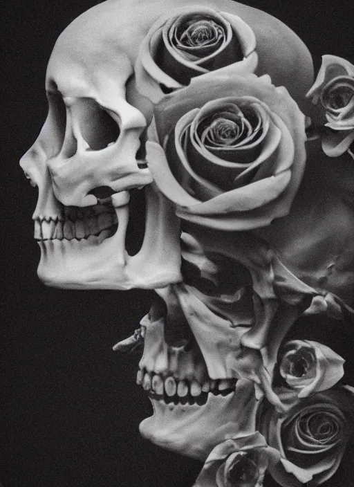 Prompt: a womans face in profile made of roses skeleton in the style of the dutch masters and gregory crewdson dark and _ moody