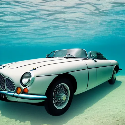 Image similar to hyperrealistic photo of an old jaguar car, half underwater in a swimming pool, 4 k, 8 k, thin film, full shot