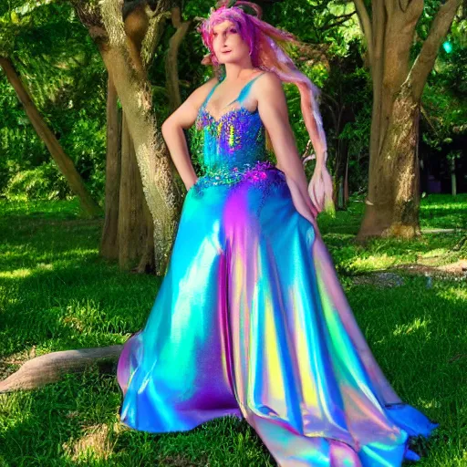 Image similar to Queen of the fae holding court in a sleeveless iridescent gown, intricate, colorful, 4k