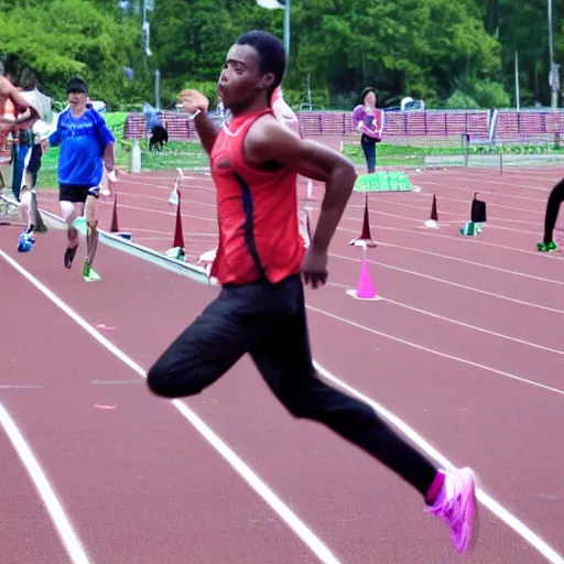 Prompt: photograph of an male runner athlete being chased by Zombies in the background. Track and field event. DSLR Photography