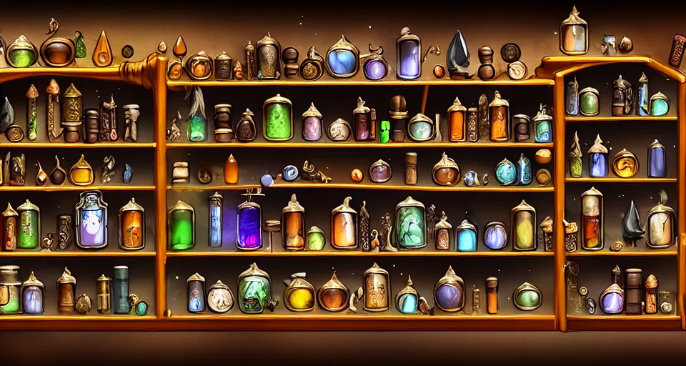 Image similar to a bookshelf of wonderful magical creatures, located in a wizard's shop, full of trinkets and magical potions flasks vials, bubbling liquids, smoking vessels, detailed, 4 k