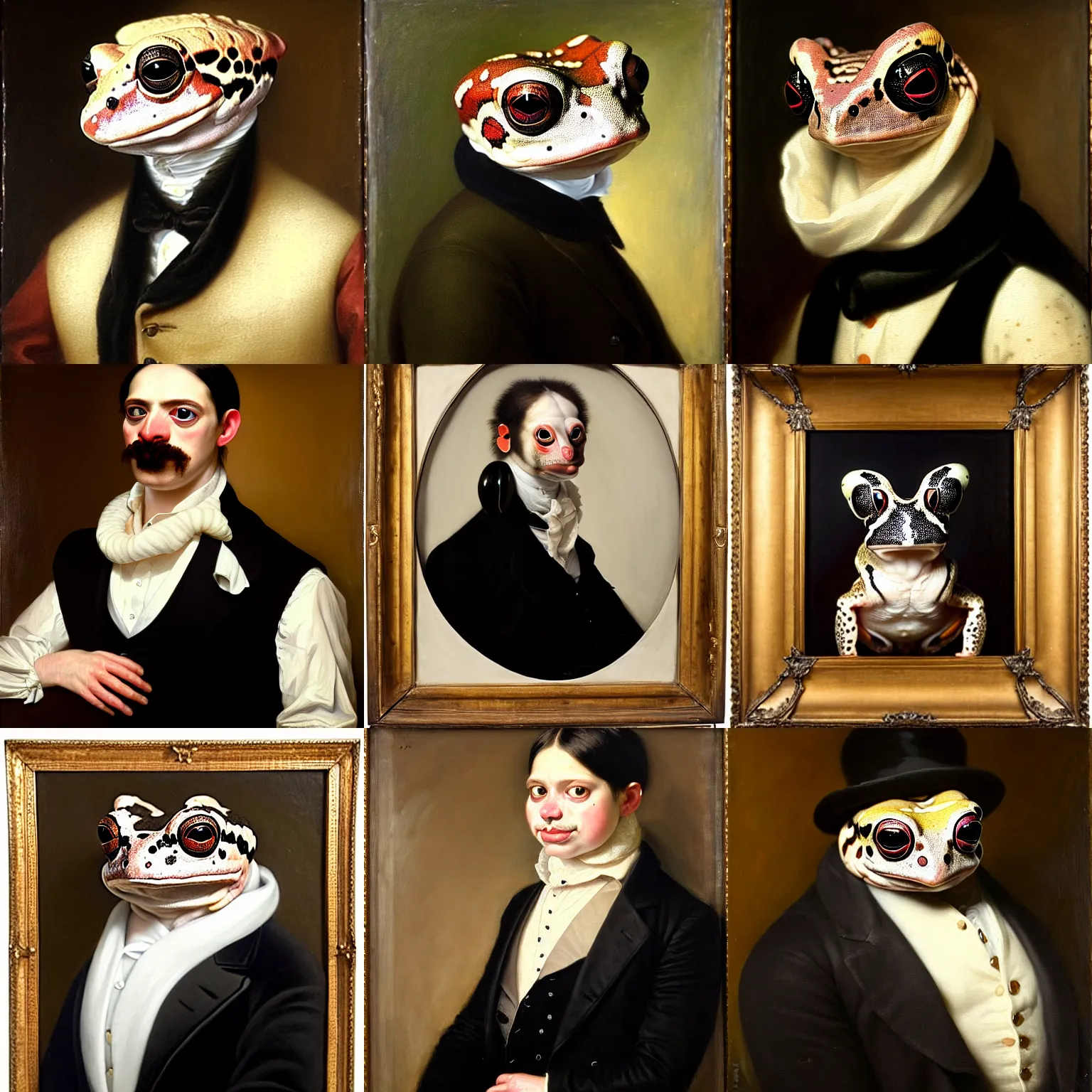 Prompt: a head - and - shoulders portrait of an amazon milk frog wearing a black buttoned waistcoat with a white scarf, an american romanticism painting, a portrait painting, cgsociety, soft focus, oil on canvas