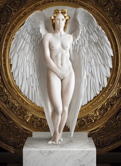 Image similar to a statue made of white marble with gold veins, of an beautiful gorgeous angel girl, full body shot, perfect symmetrical body, perfect symmetrical face, no eyes, hyper realistic, hyper detailed, fujicolor superia 1 6 0 0 photo, by johannen voss, by peter kemp, by monia merlo, by michelangelo octane render, blender, 8 k