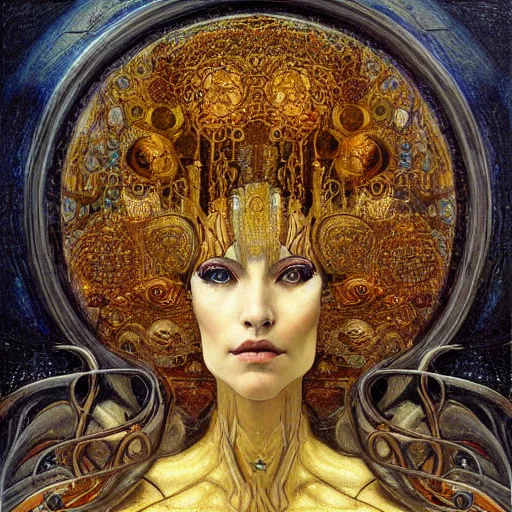 Image similar to Divine Chaos Engine portrait by Karol Bak, Jean Deville, Gustav Klimt, and Vincent Van Gogh, sacred geometry, visionary, mystic, fractal structures, ornate gilded medieval icon, spirals