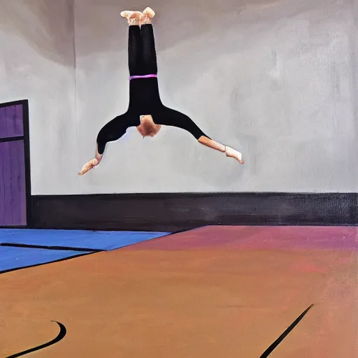 Image similar to A gymnastics doing flips in a gymnasium, oil on canvas