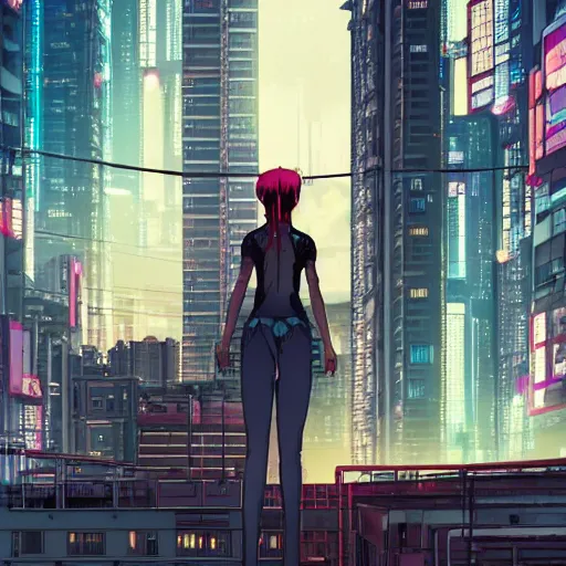 Image similar to a girl stands on top of a multi-storey building, anime style, 4k, cyberpunk city in the background, very detailed, by Ilya Kuvshinov