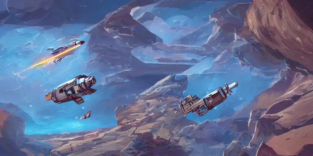 Prompt: marketing game illustration, a space craft run into the rocks canyon very fast in the style of Blizzard