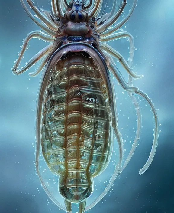 Image similar to opulent transparent clear see - through portrait of a terrifying beautiful male body alien isopod sea slug, mottled coloring, adorable, childlike, overgrown biopunk jungle environment, ultra realistic, concept art, art nouveau, photorealistic, octane render, 8 k, unreal engine. art by christopher marley and artgerm and greg rutkowski and alphonse mucha